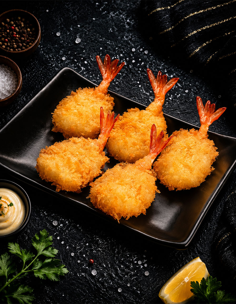Golden breaded butterfly shrimp on dark slate