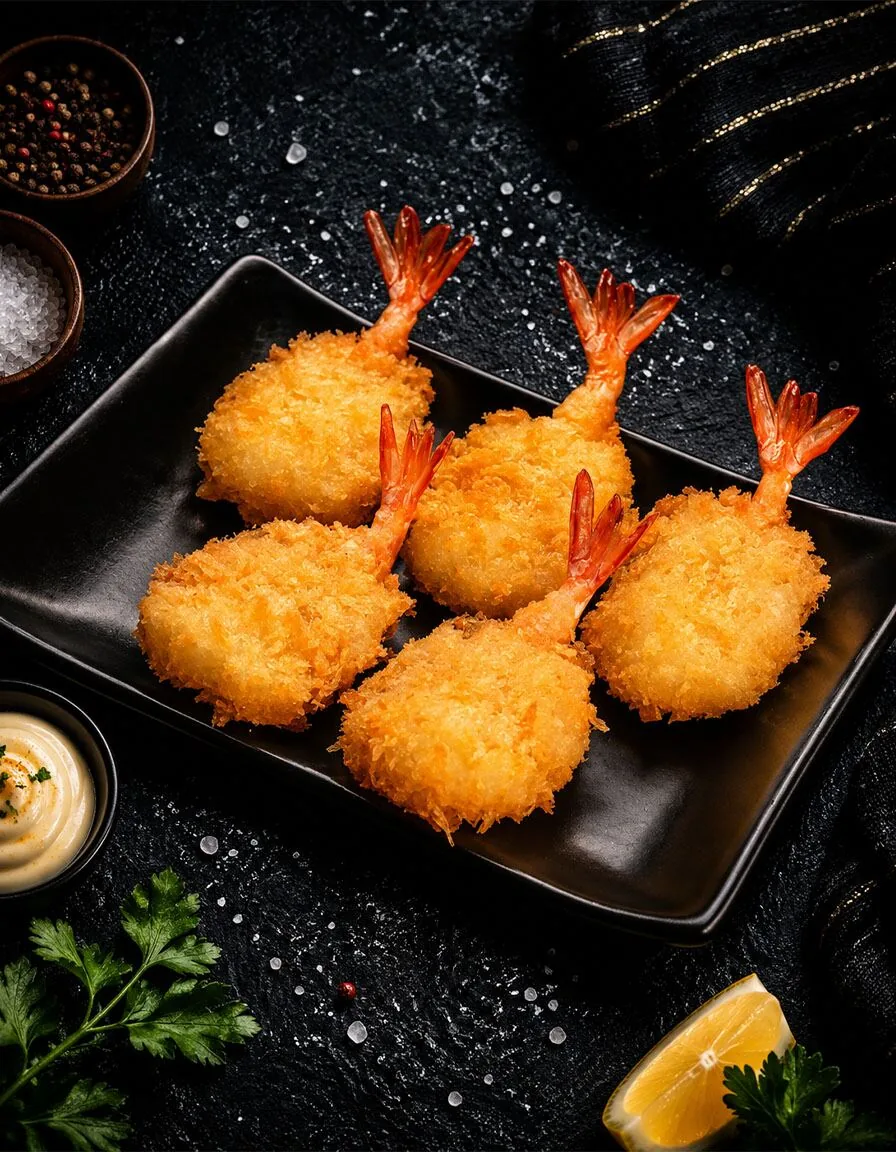 Golden breaded butterfly shrimp on dark slate