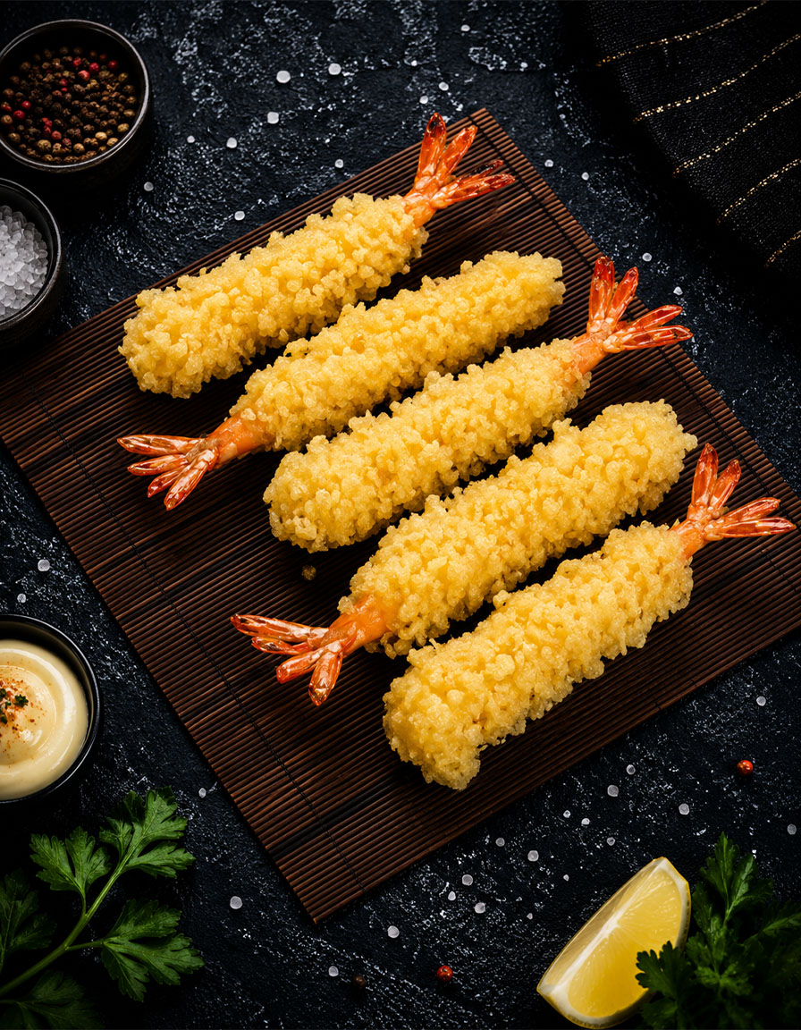 Golden crispy shrimp tempura with tail-on