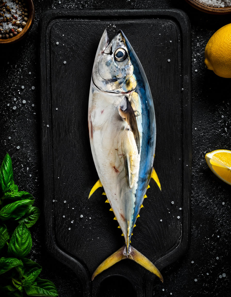 Sashimi-grade tuna loin on dark slate