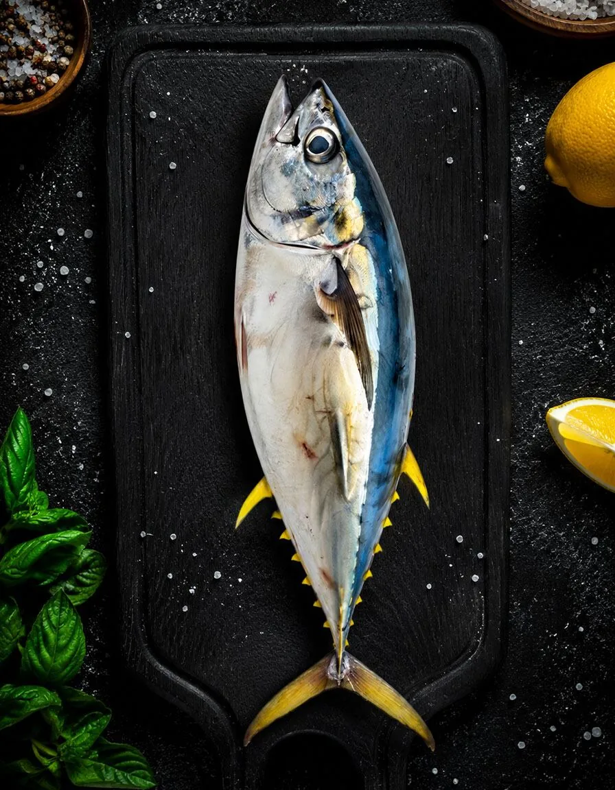 Sashimi-grade tuna loin on dark slate