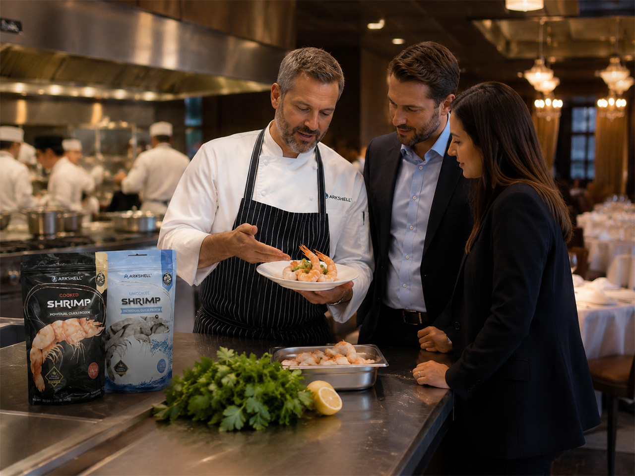Chef plating a seafood dish in a professional kitchen
