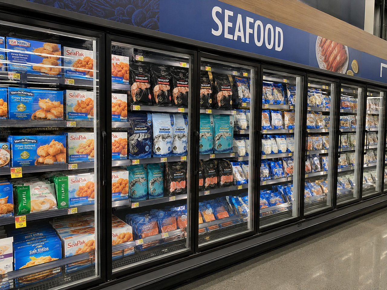 Premium supermarket seafood counter display